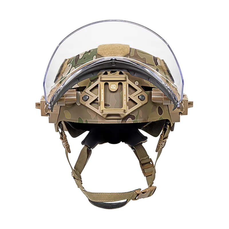 Front view of an EXFIL® Team Wendy® helmet in MultiCam® with face shield attachment raised up, showing tactical design and versatile protective configuration.