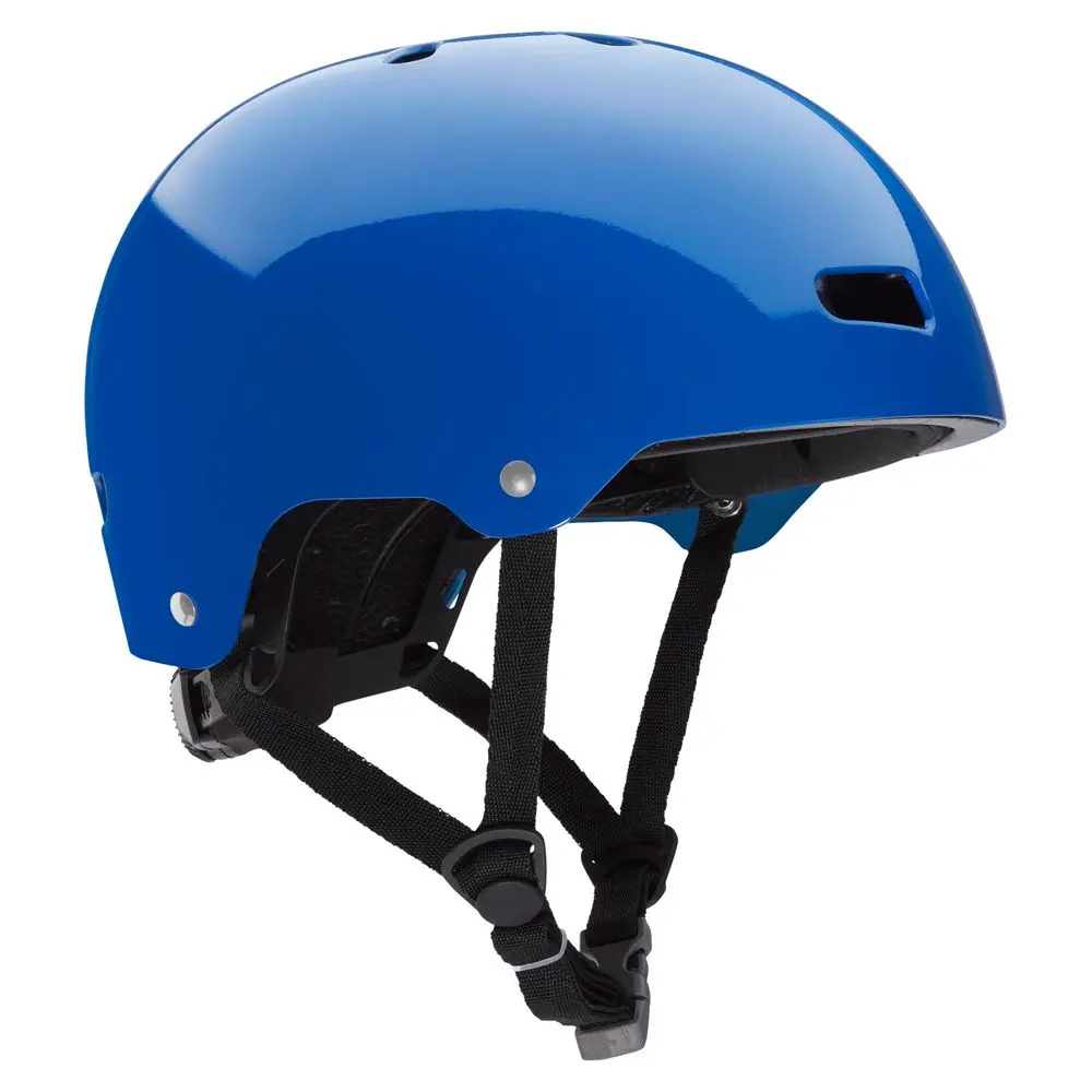 Front-right side view of the NRS Via Helmet in blue, showcasing its sleek design, ventilation ports, and adjustable fit system for water rescue and paddling safety.
