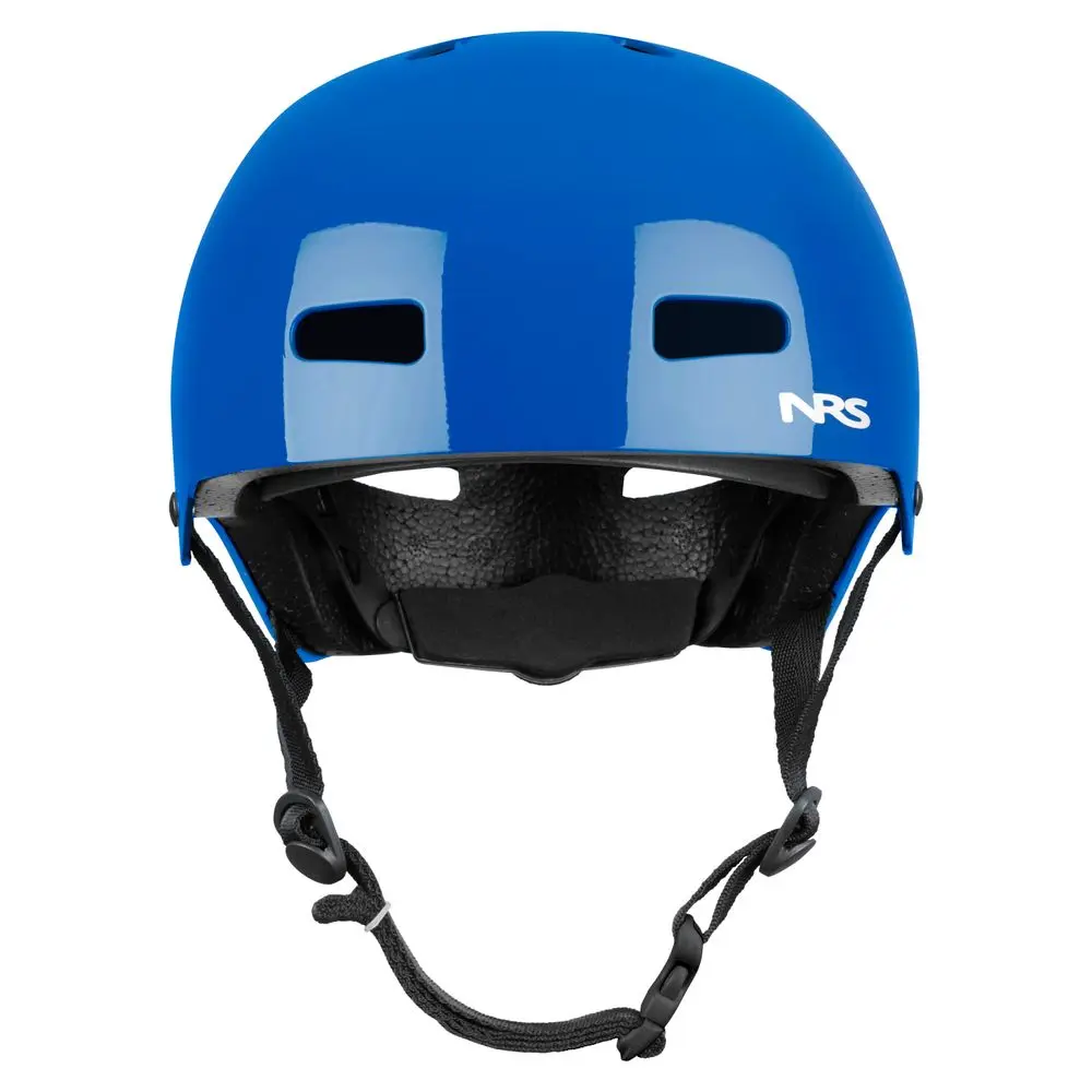 Front view of the NRS Via Helmet in blue, displaying its protective shell, ventilation openings, and ergonomic design for water rescue and paddlesport safety.