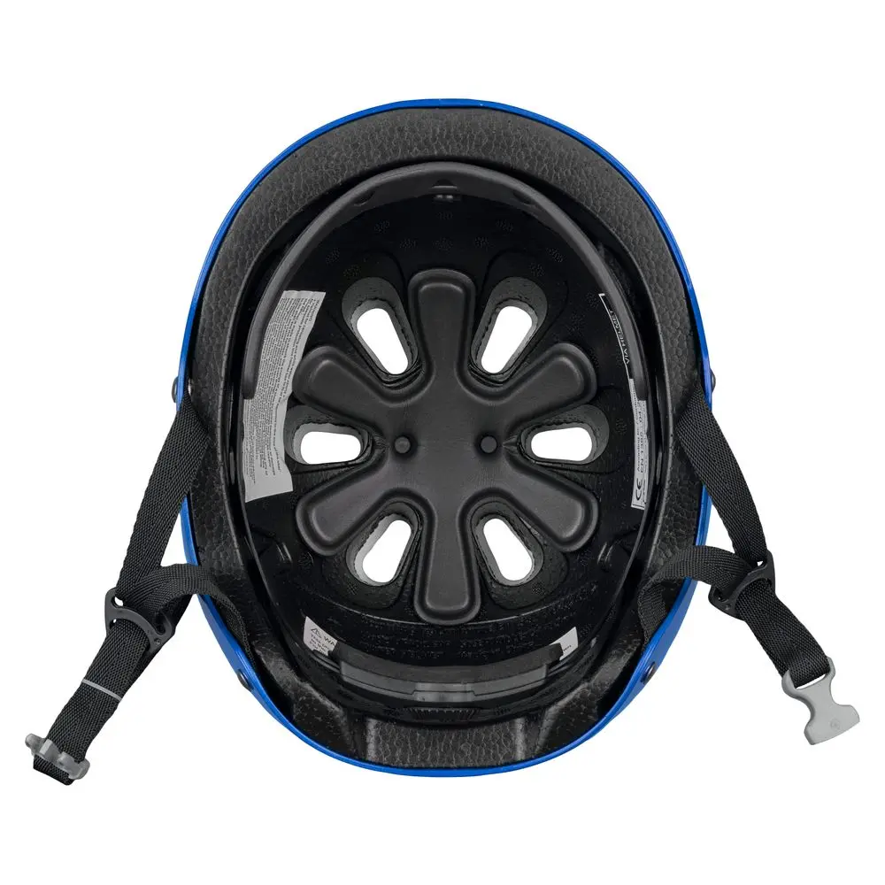 Bottom view of the NRS Via Helmet in blue, showing the adjustable interior straps, padding, and secure fit system for comfort and safety during water rescue activities.