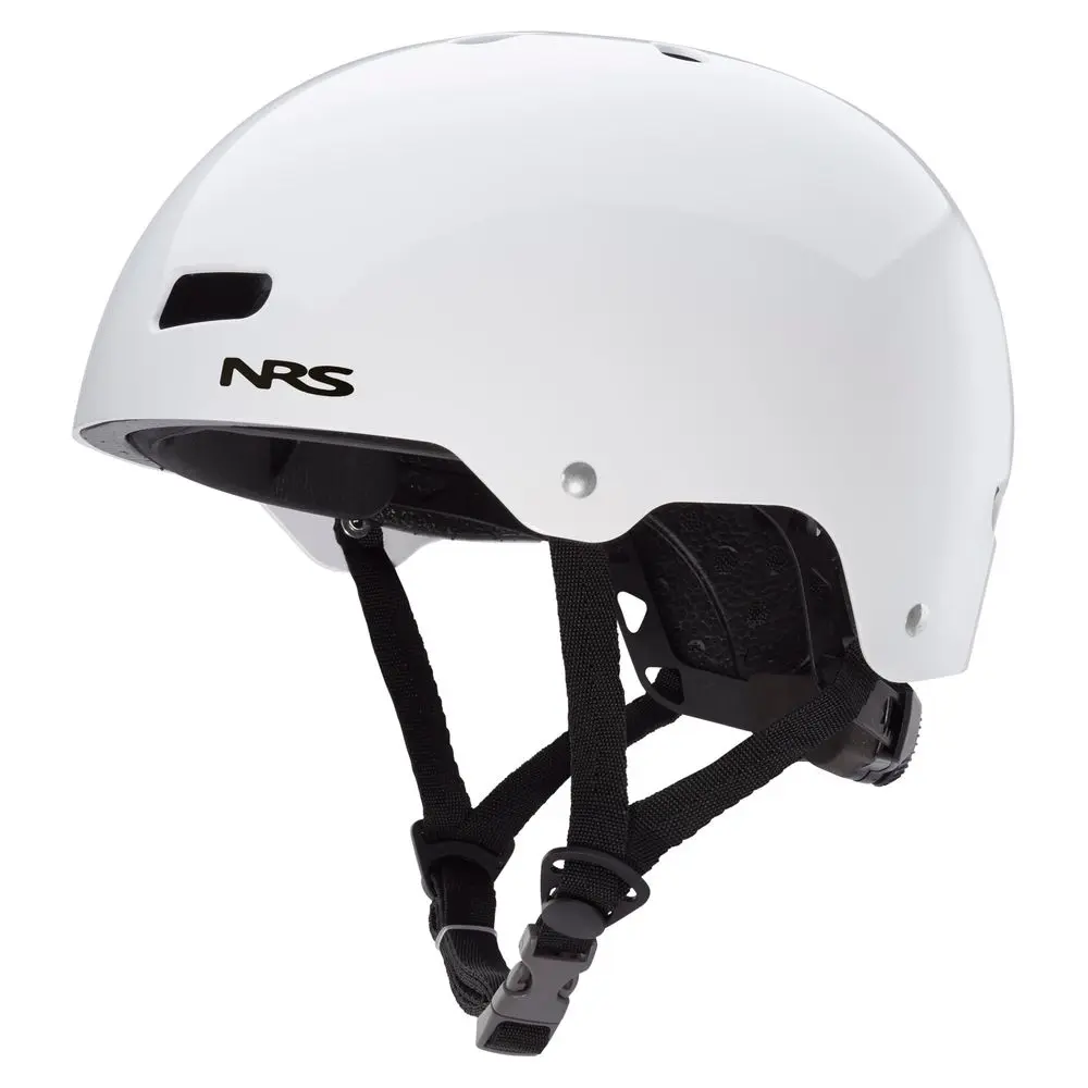 Front-left side view of the NRS Via Helmet in white, showcasing its sleek design, ventilation ports, and adjustable fit system for water rescue and paddling safety.