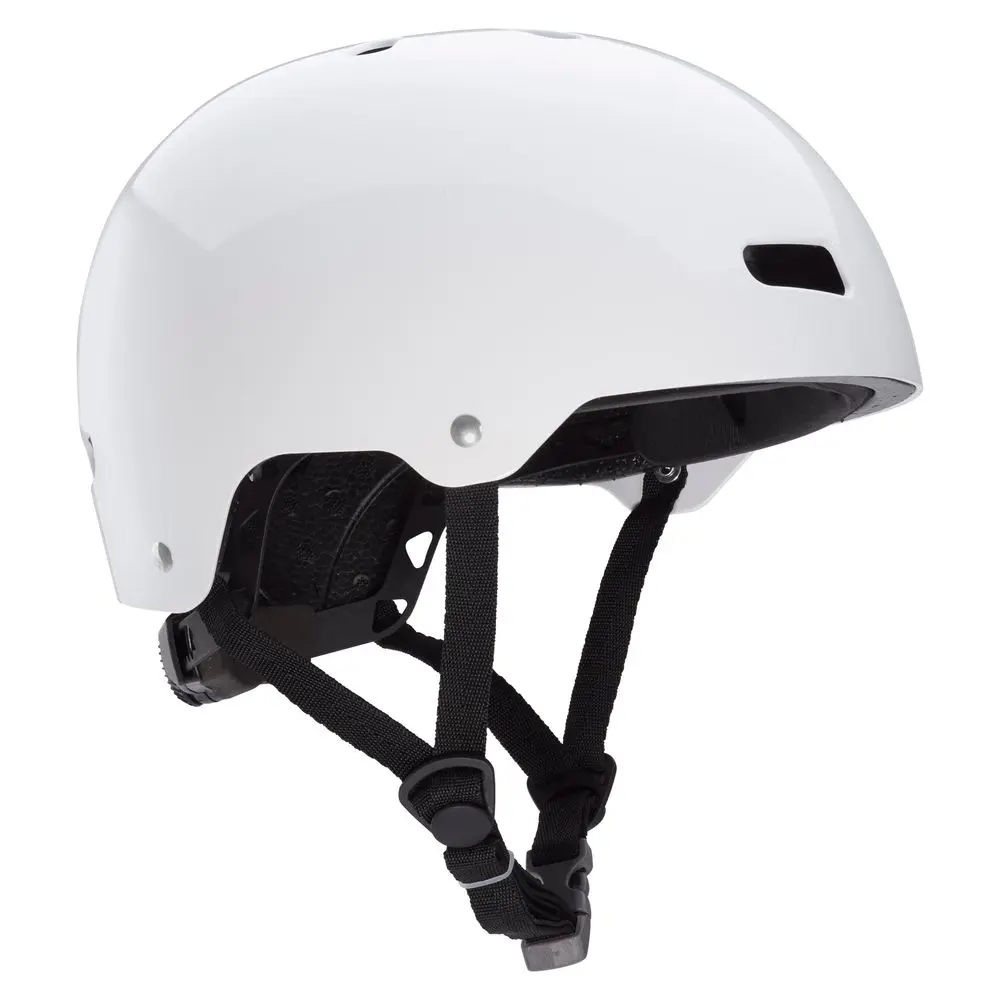 Front-right side view of the NRS Via Helmet in white, showcasing its sleek design, ventilation ports, and adjustable fit system for water rescue and paddling safety.