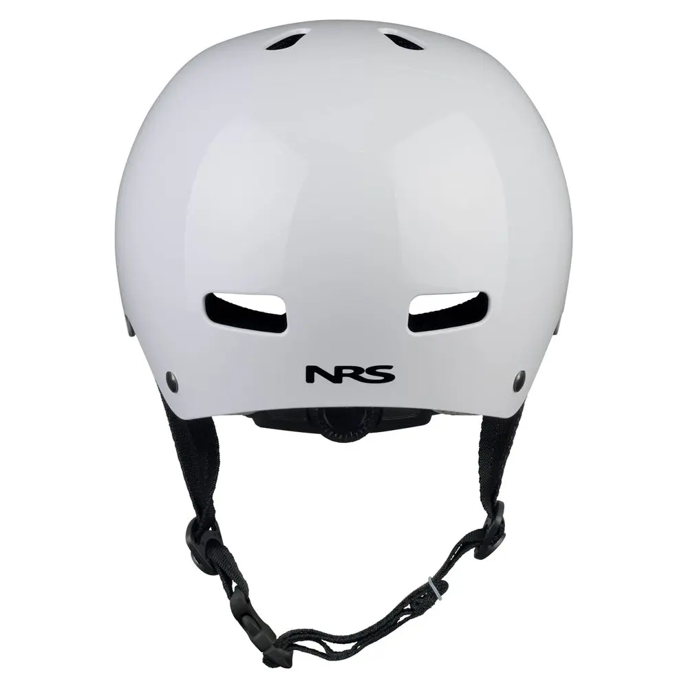 Back view of the NRS Via Helmet in white, showing the adjustable retention system and rear ventilation openings for comfort and secure fit during water rescue or paddling.