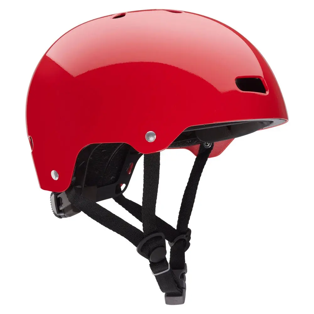 Front-right side view of the NRS Via Helmet in red, showcasing its sleek design, ventilation ports, and adjustable fit system for water rescue and paddling safety.