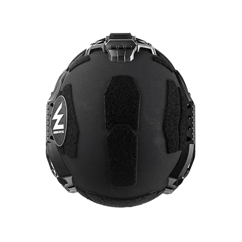 Top view of the Team Wendy® RIFLETECH™ Helmet in black, showcasing its streamlined ballistic shell and integrated venting for lightweight protection.