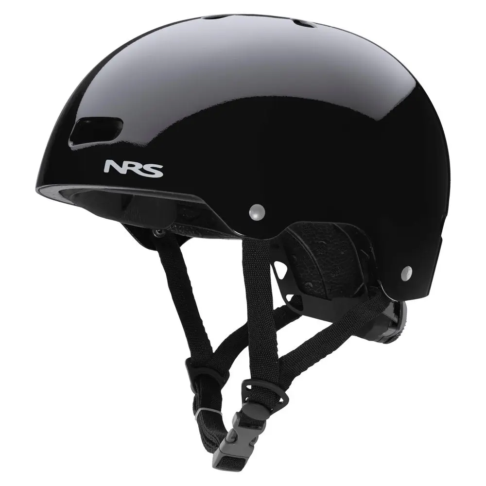 Front-left side view of the NRS Via Helmet in black, showcasing its sleek design, ventilation ports, and adjustable fit system for water rescue and paddling safety.
