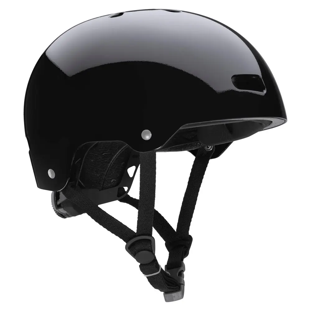 Front-right side view of the NRS Via Helmet in black, showcasing its sleek design, ventilation ports, and adjustable fit system for water rescue and paddling safety.