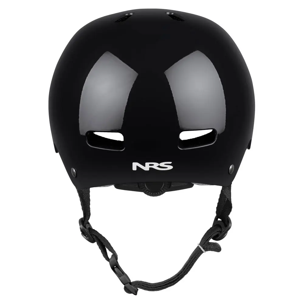 Back view of the NRS Via Helmet in black, showing the adjustable retention system and rear ventilation openings for comfort and secure fit during water rescue or paddling.