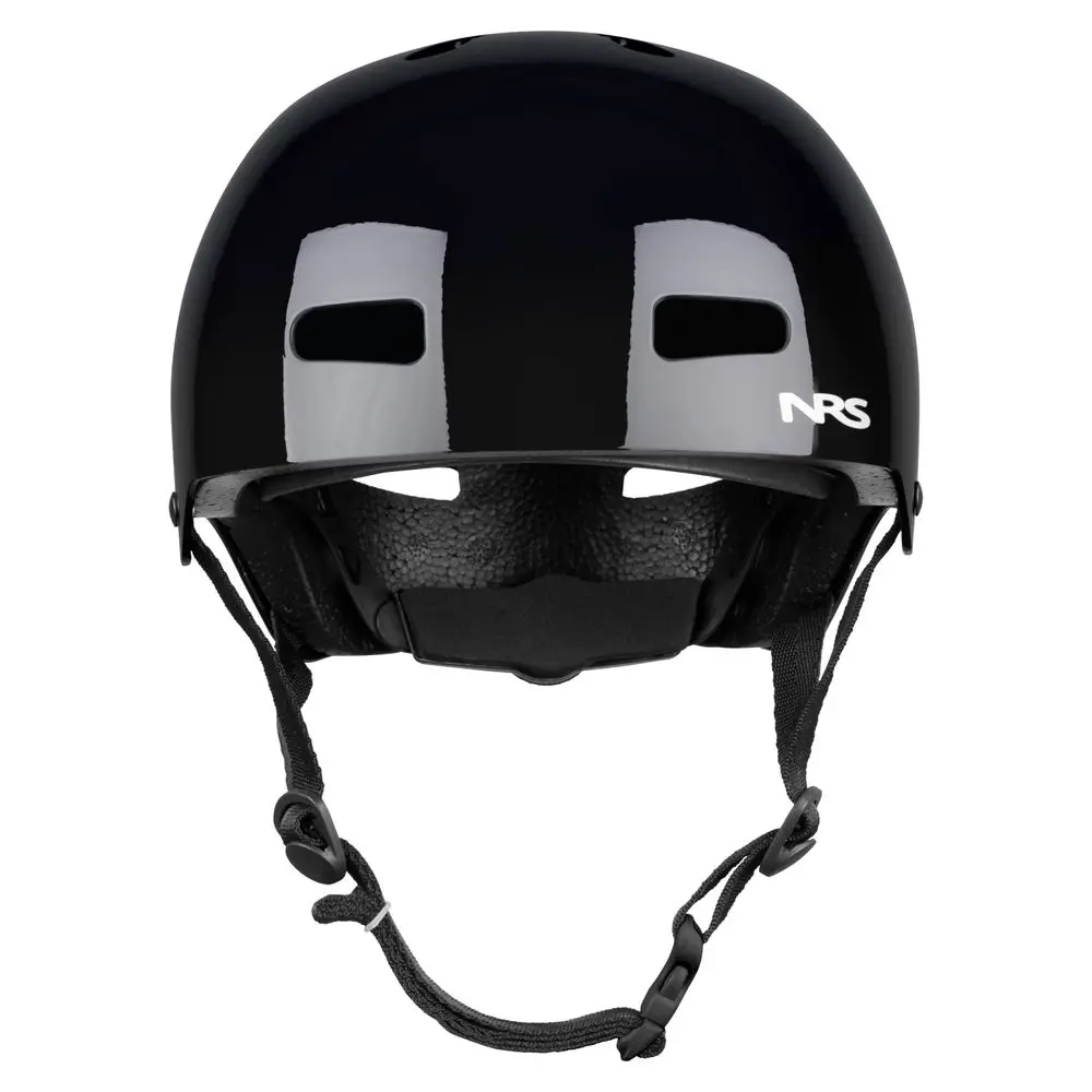 Front view of the NRS Via Helmet in black, displaying its protective shell, ventilation openings, and ergonomic design for water rescue and paddlesport safety.