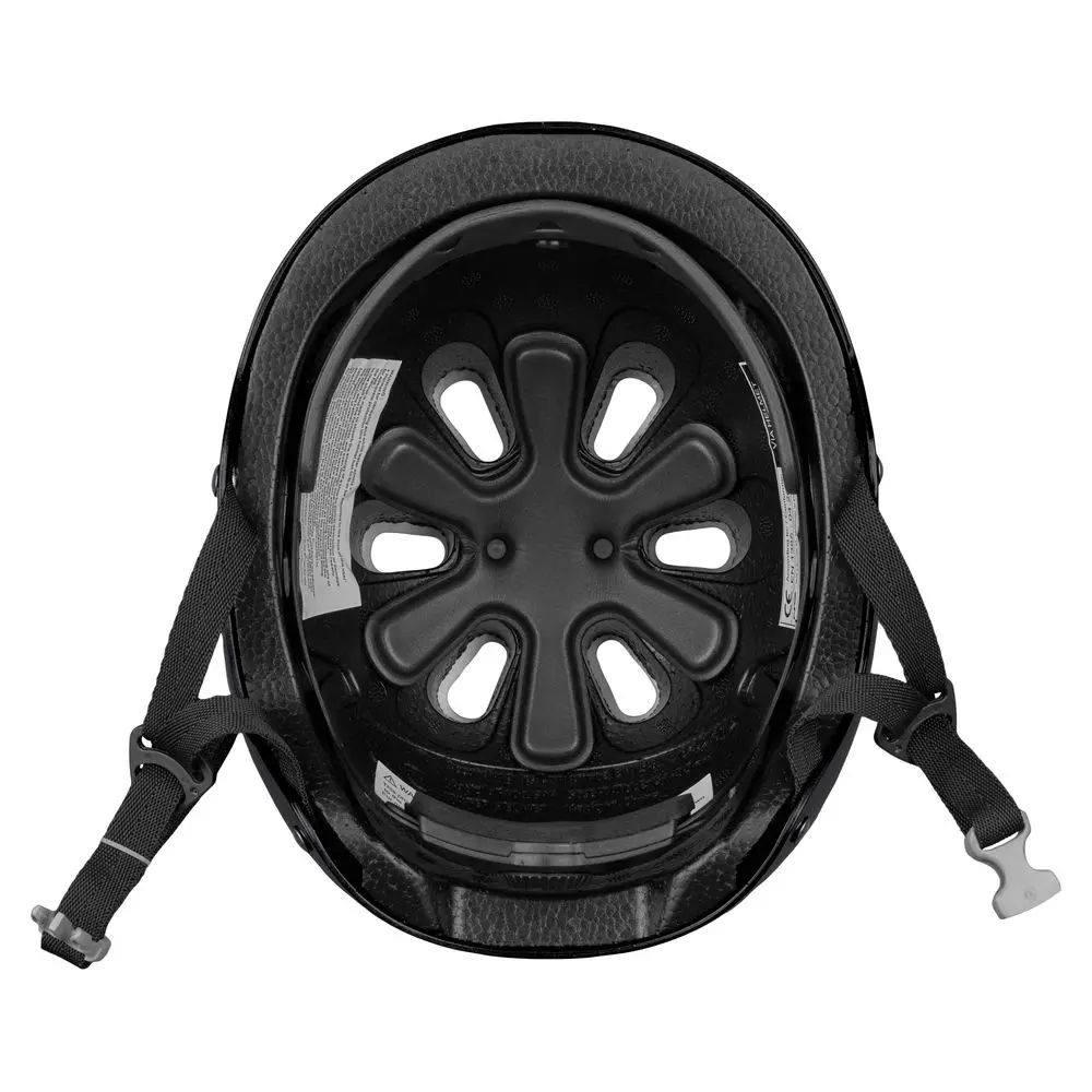 Bottom view of the NRS Via Helmet in black, showing the adjustable interior straps, padding, and secure fit system for comfort and safety during water rescue activities.