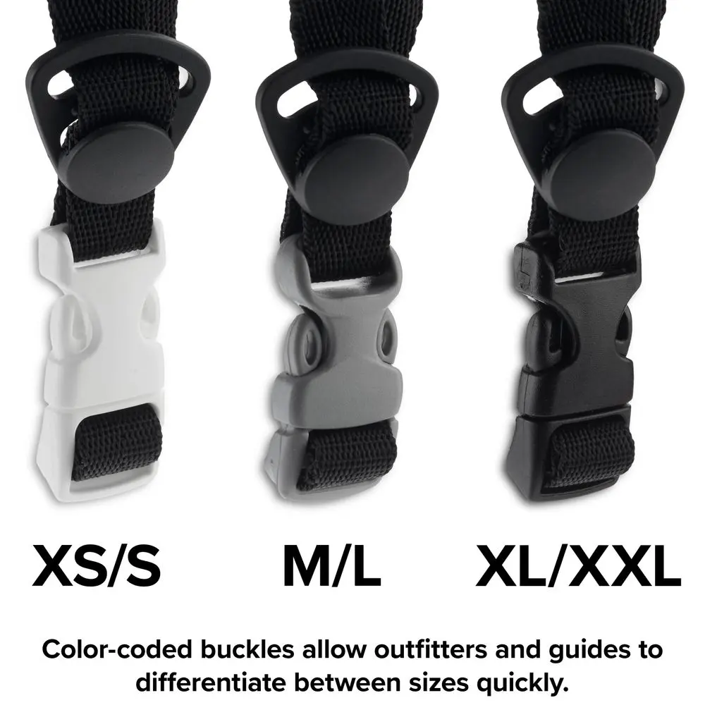Close-up of the NRS Via Helmet buckle system, highlighting size variations and color-coded straps for easy adjustment and secure fit.