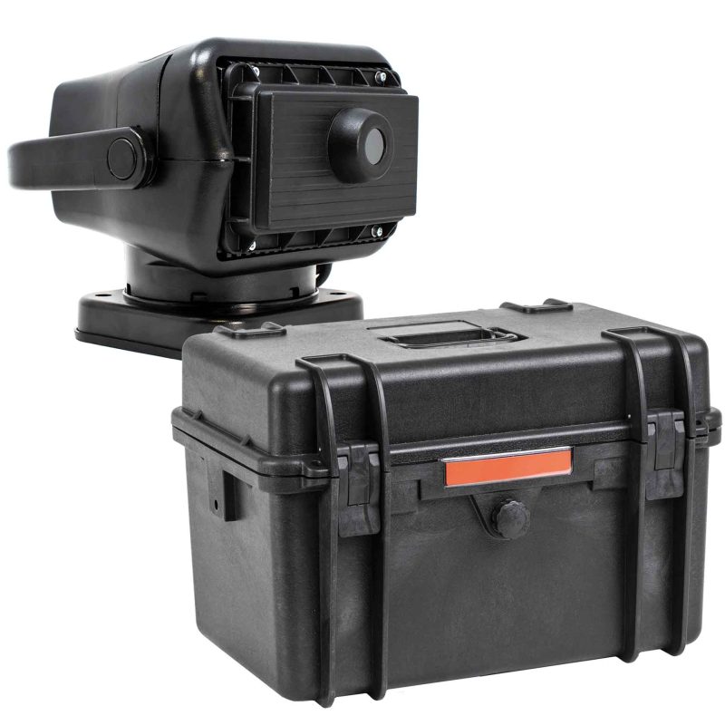 NightRide 360 HighRes Telephoto Thermal Camera with 35mm lens and 640 x 512 resolution shown next to its closed protective case.