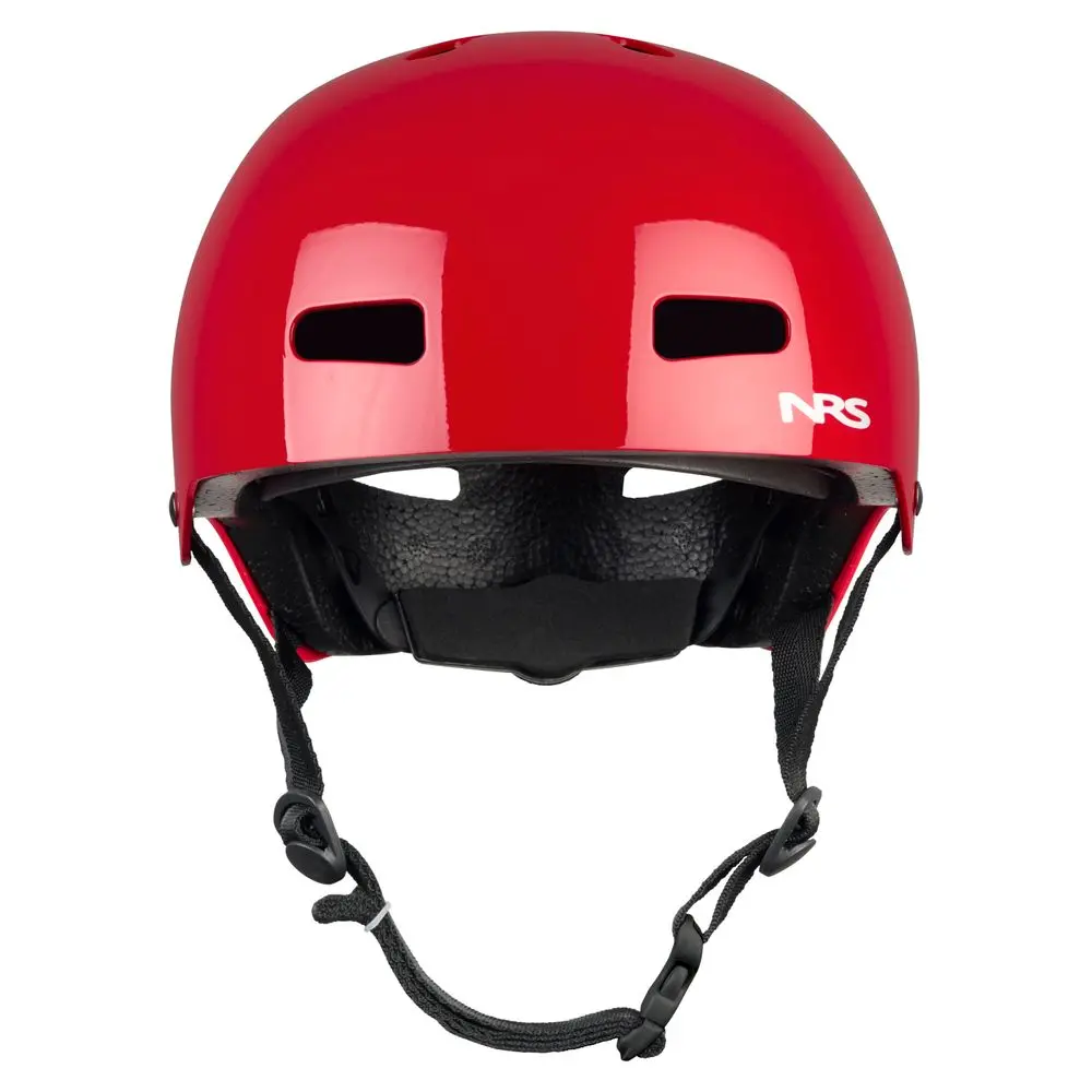 Front view of the NRS Via Helmet in red, displaying its protective shell, ventilation openings, and ergonomic design for water rescue and paddlesport safety.