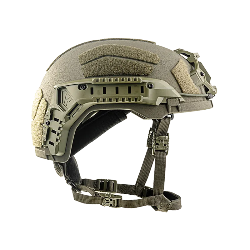 Right side view of the Team Wendy® RIFLETECH™ Helmet in tan, highlighting the accessory rails, mounting points, and contoured profile for tactical versatility.