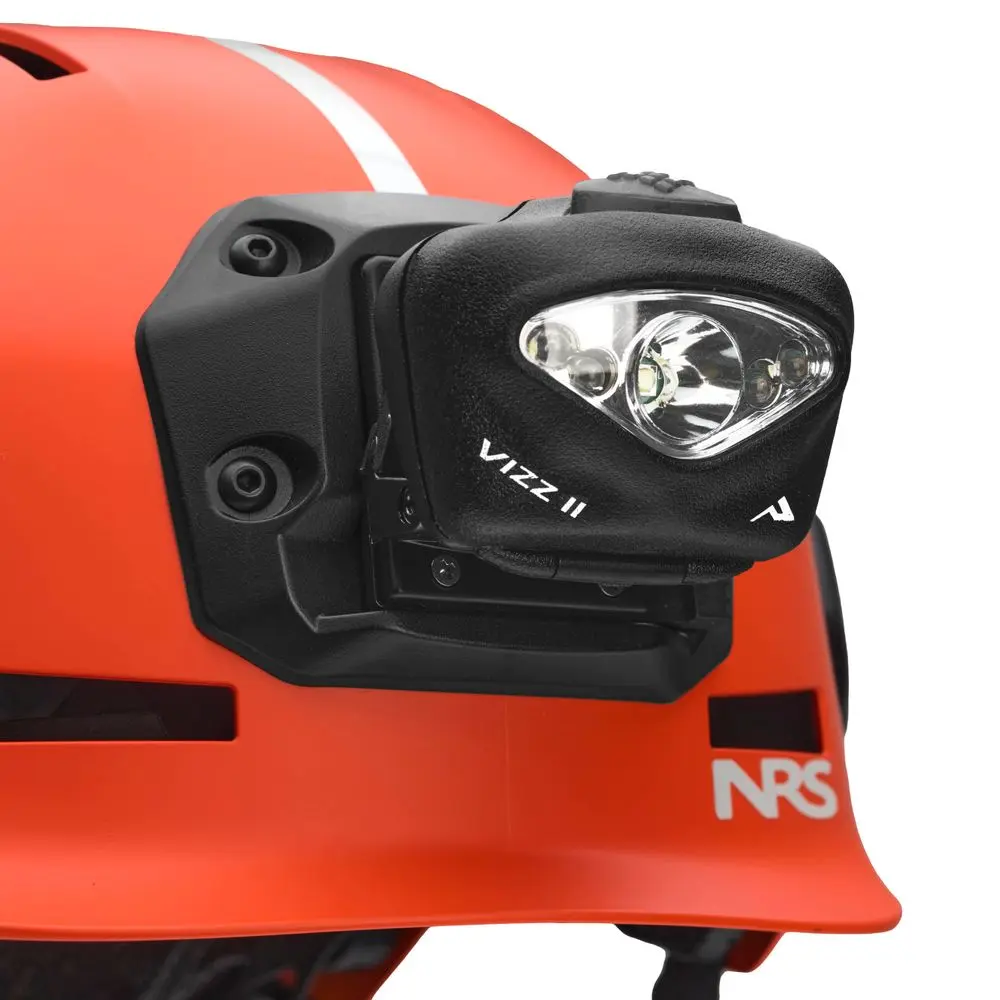 Alternate view of NRS Princeton Tec Vizz II MPLS headlamp mounted on a helmet, showing secure attachment and adjustable light angle.