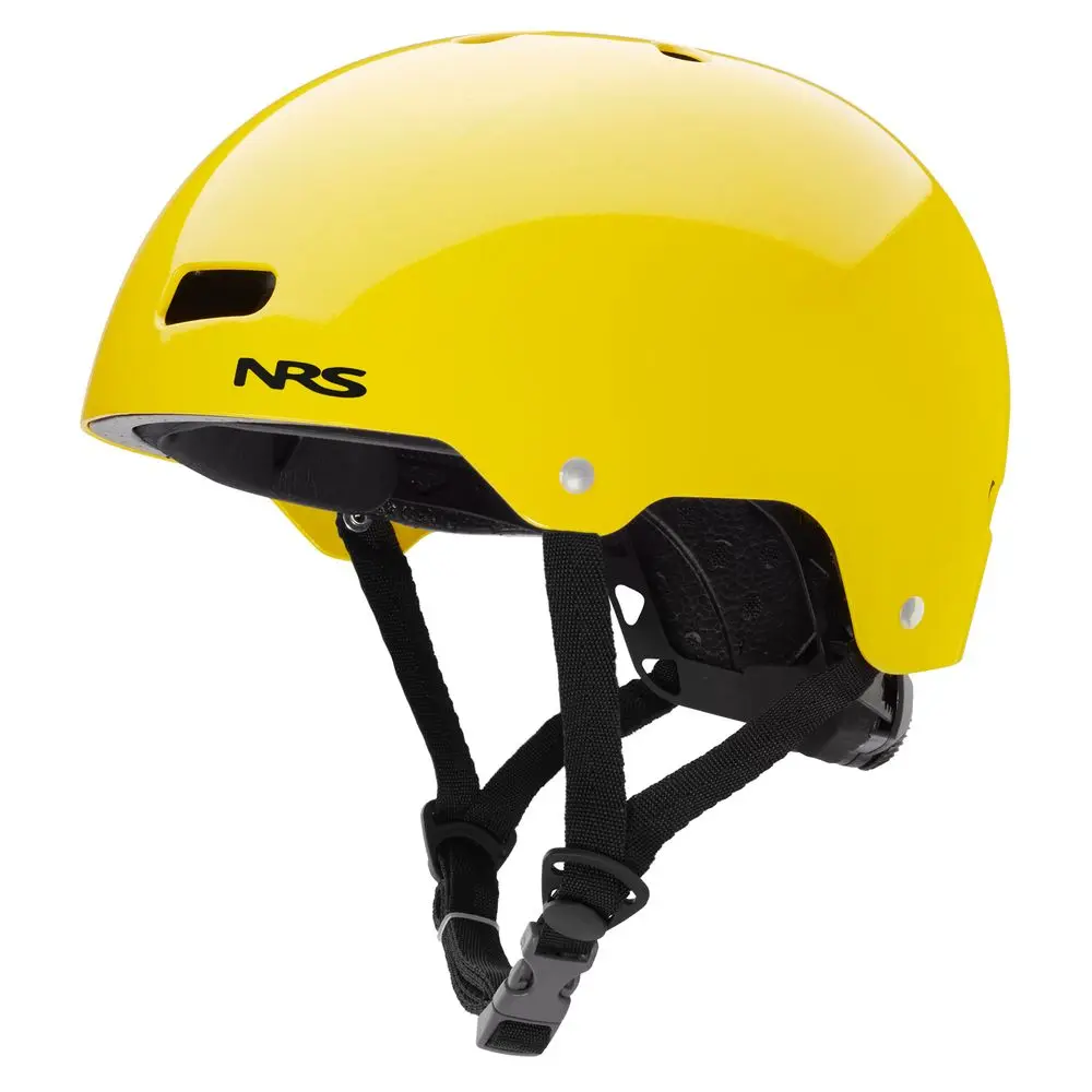 Front-left side view of the NRS Via Helmet in yellow, showcasing its sleek design, ventilation ports, and adjustable fit system for water rescue and paddling safety.