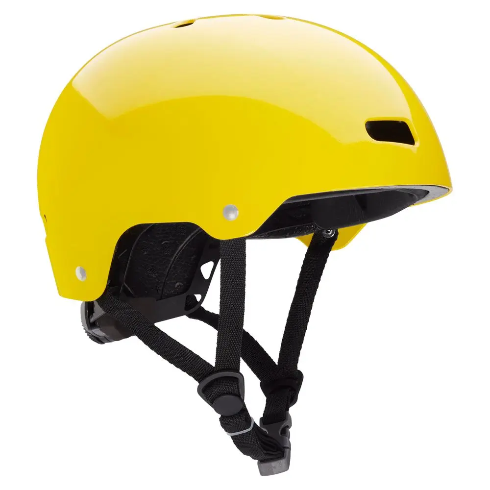 Front-right side view of the NRS Via Helmet in yellow, showcasing its sleek design, ventilation ports, and adjustable fit system for water rescue and paddling safety.