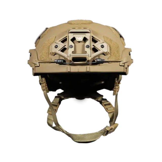 Rear-facing view of the Team Wendy® tactical helmet in Coyote Brown showcasing the helmet shroud, accessory mounting system, and adjustable retention straps for military and tactical operations.