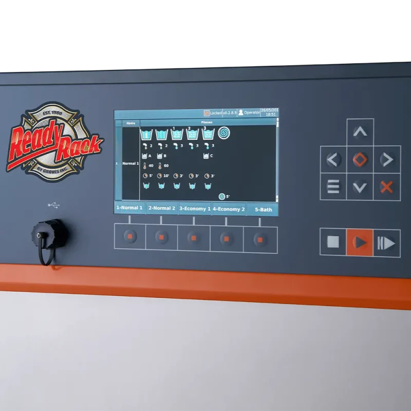 Close-up of Ready Rack™ Smart-Wash 88 extractor washer front panel and digital screen interface for gear cleaning controls.