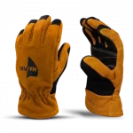 MajFire M8G Structural Firefighting Gloves – Gauntlet shown in tan split leather with black reinforced palm and fingers, featuring an extended gauntlet cuff for added wrist protection and a secure, durable fit.