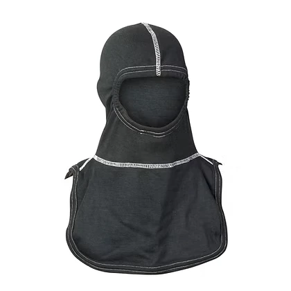 MajFire PRO-X2 Instructor CX6 Hood shown in black flame-resistant fabric with contrasting stitched seams, featuring an extended bib design for full neck and shoulder coverage and a secure, comfortable fit.