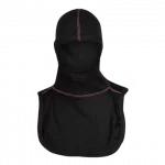 MajFire PRO-X2 VSP BLK Hood shown in black flame-resistant fabric with purple contrast stitching, featuring a full-coverage design for enhanced protection, comfort, and a secure fit.