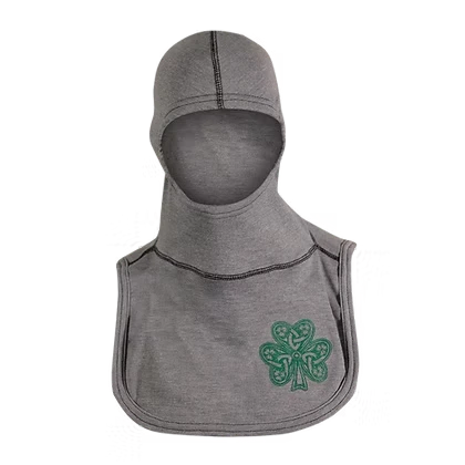 MajFire PRO-X2 FI Celtic GY Hood shown in grey flame-resistant fabric with black stitching and Celtic emblem detail, featuring a full-coverage design for enhanced protection, comfort, and a secure fit.