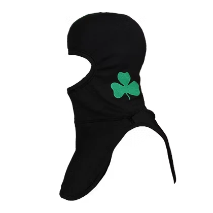 MajFire PRO-X2 FI Shamrock BLK Hood shown in black flame-resistant fabric with green shamrock graphic, featuring a full-coverage design for enhanced protection, comfort, and a secure fit.
