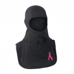 MajFire PRO-X2 FI Pink Ribbon BLK Hood shown in black flame-resistant fabric with pink ribbon graphic, featuring a full-coverage design for enhanced protection, comfort, and a secure fit.