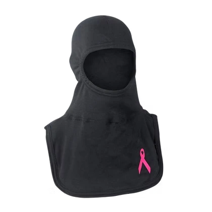 MajFire PRO-X2 FI Pink Ribbon BLK Hood shown in black flame-resistant fabric with pink ribbon graphic, featuring a full-coverage design for enhanced protection, comfort, and a secure fit.