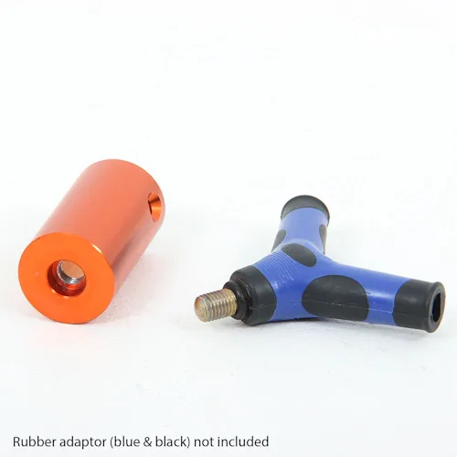 Northern Diver Net Attachment for reach pole shown disassembled, with the orange threaded connector separated from the blue and black Y-frame, rubber adaptor not included.