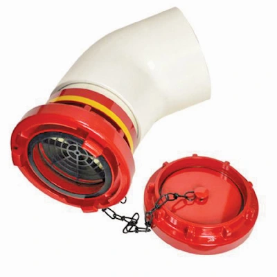 Kochek red Storz dry hydrant adapter with strainer screen and white 6 inch PVC elbow.