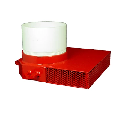 Kochek red low level dry hydrant PVC strainer with white pipe connector and rocker lug coupling.