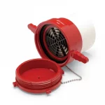 Kochek red threaded female dry hydrant adapter with strainer screen, cap, and white 6 inch PVC pipe.