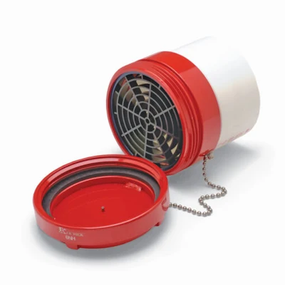 Kochek red threaded male dry hydrant adapter with strainer screen, cap, and white 6 inch PVC pipe.