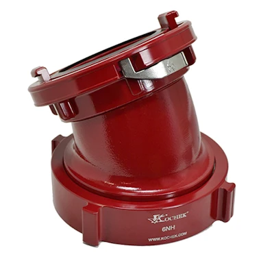 Kochek red aluminum 30 degree elbow with Storz full time swivel by 6 NH swivel rocker lug female coupling.