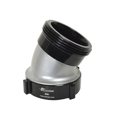 Kochek black aluminum 30 degree elbow with 5 NH swivel rocker lug female by male coupling.