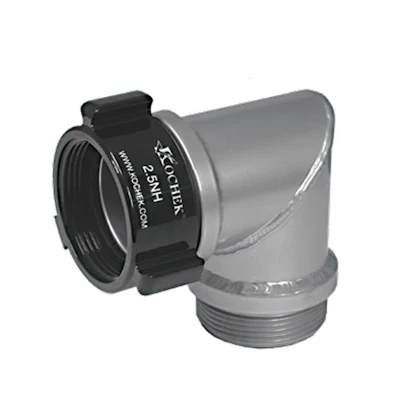 Kochek aluminum suction elbow with 2.5 NH swivel rocker lug female by male coupling.