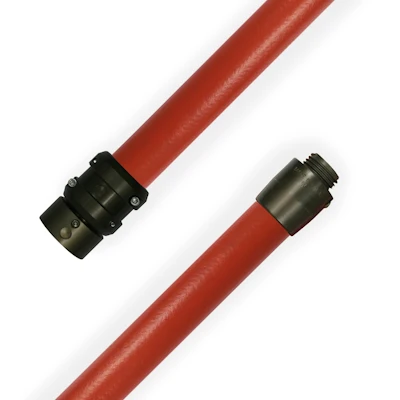 Red Kochek KRBH-FR heavy duty rubber covered hose rated for 800 PSI with field repairable black threaded couplings on each end.