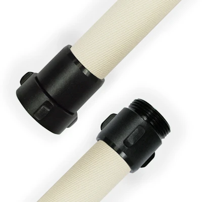 Tan Kochek SJPEP premium single-jacket polyester hose with TPU lining and black threaded couplings on each end.