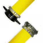 Yellow Kochek DJP double-jacket polyester large diameter hose with TPU lining and Storz-style couplings on each end.