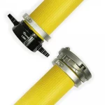 Yellow Kochek nitrile rubber covered large diameter hose with Storz-style couplings on each end.