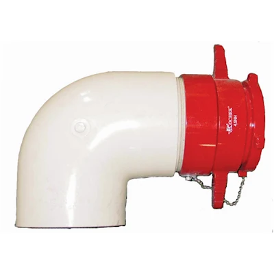 Kochek red threaded female dry hydrant adapter with cap, chain, and white 6 inch PVC elbow.