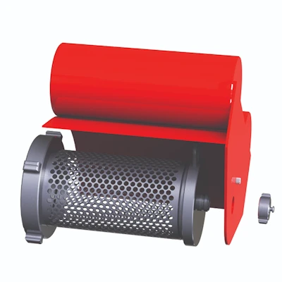 Red Kochek threaded female dual purpose strainer with perforated mesh basket and rocker lug coupling.