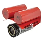 Red Kochek Storz floating strainer with dual flotation drums and mesh basket.