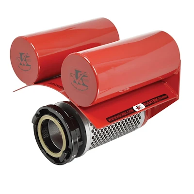 Red Kochek Storz floating strainer with dual flotation drums and mesh basket.