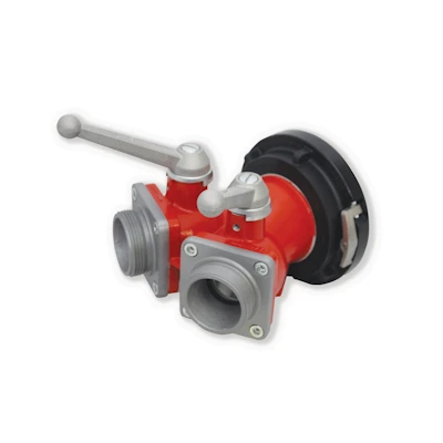Red and gray Kochek 2-way gated wye ball valve with lever handles.