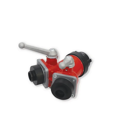 Red and black Kochek 2-way small gated wye ball valve with lever handles.