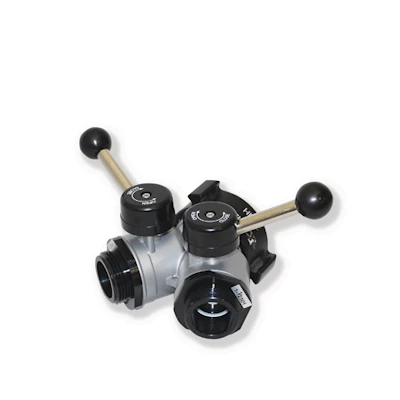 Silver and black Kochek 2-way compact gated wye ball valve with lever handles.