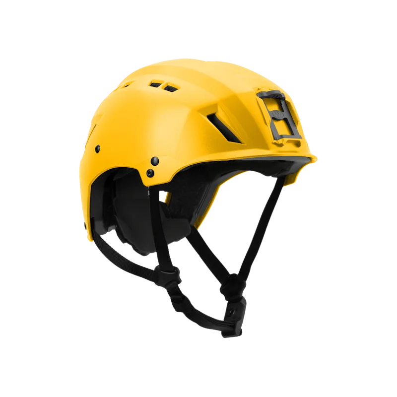 Team Wendy® ADVENTURER™ Bump Helmet in yellow with adjustable chin strap and side rail accessory mount.